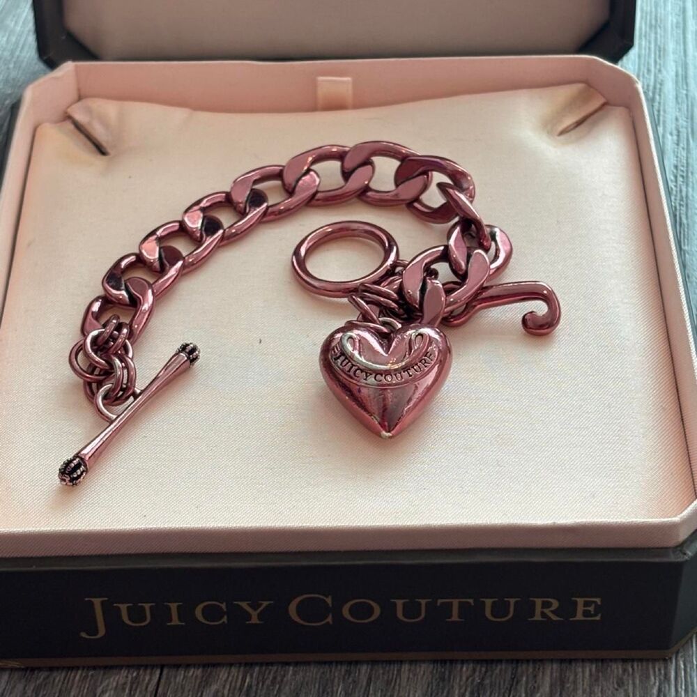 Y2K Vintage Juicy Couture Metallic Pink Chunky Link Heart Charm Toggle Bracelet